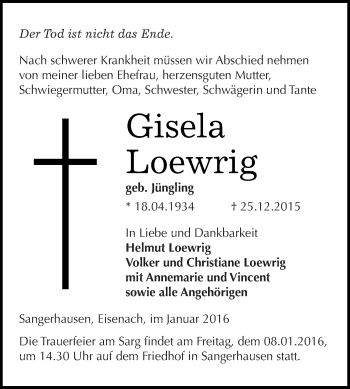 Traueranzeige von Gisela Loewrig von WVG - Wochenspiegel SGH