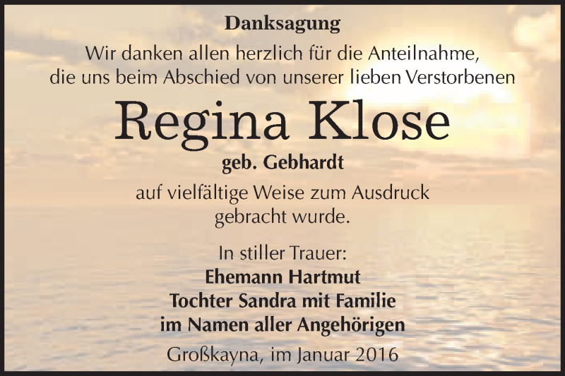  Traueranzeige für Regina Klose vom 16.01.2016 aus WVG - Wochenspiegel Merseburg