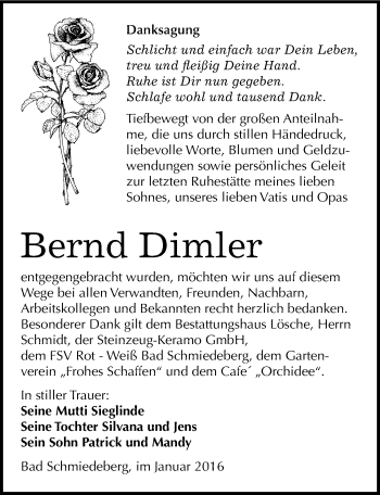 Traueranzeige von Bernd Dimler von Mitteldeutsche Zeitung Wittenberg
