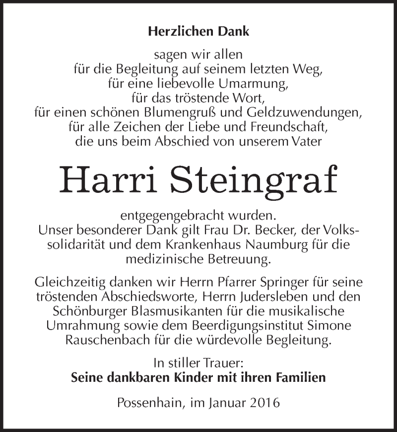  Traueranzeige für Harri Steingraf vom 09.01.2016 aus Mitteldeutsche Zeitung Naumburg/Nebra