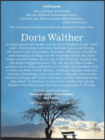 Traueranzeige von Doris Walther von WVG - Wochenspiegel NMB / WSF / ZTZ