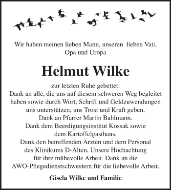 Traueranzeige von Helmut Wilke von Super Sonntag Wittenberg