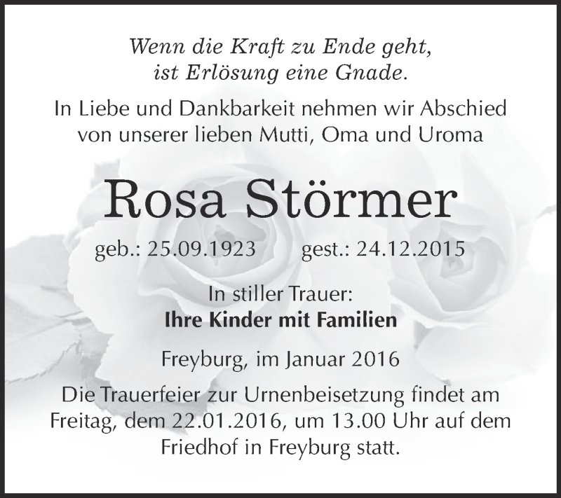 Traueranzeige für Rosa Störmer vom 13.01.2016 aus WVG - Wochenspiegel NMB / WSF / ZTZ