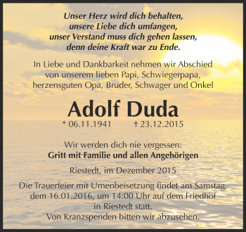 Traueranzeige von Adolf Duda von Super Sonntag SGH Mansf. Land