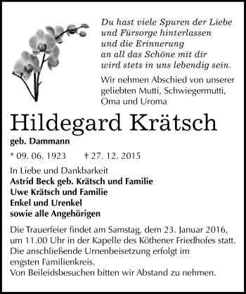 Traueranzeige von Hildegard Krätsch von Mitteldeutsche Zeitung Köthen