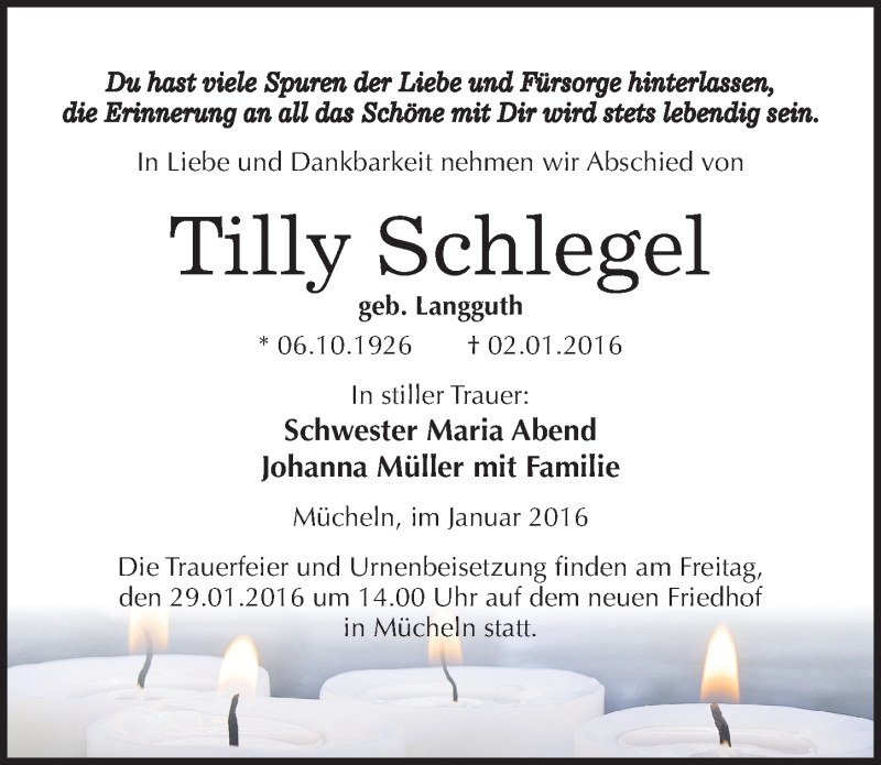  Traueranzeige für Tilly Schlegel vom 16.01.2016 aus Mitteldeutsche Zeitung Merseburg/Querfurt