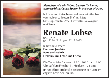 Traueranzeige von Renate Lohse von Mitteldeutsche Zeitung Dessau-Roßlau