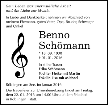 Traueranzeige von Benno Schömann von Mitteldeutsche Zeitung Mansfelder Land