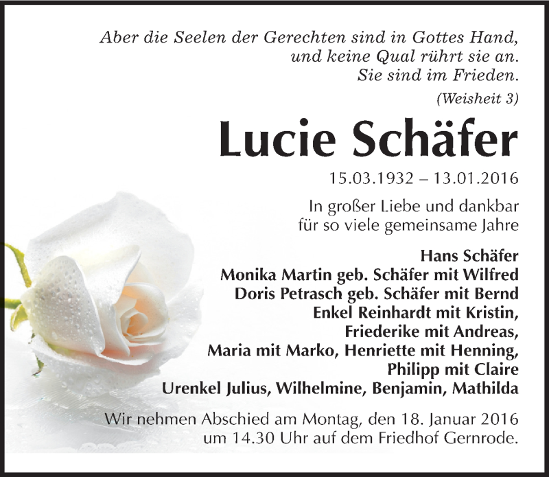  Traueranzeige für Lucie Schäfer vom 16.01.2016 aus Mitteldeutsche Zeitung Quedlinburg