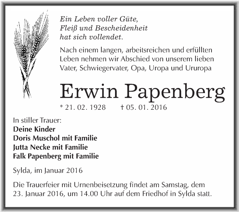  Traueranzeige für Erwin Papenberg vom 13.01.2016 aus Wochenspiegel Mansfelder Land