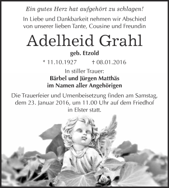 Traueranzeige von Adelheid Grahl von WVG - Wochenspiegel Wittenberg