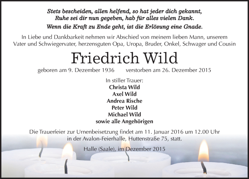  Traueranzeige für Friedrich Wild vom 02.01.2016 aus Mitteldeutsche Zeitung Halle/Saalkreis