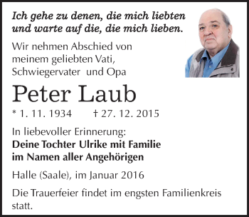 Traueranzeige von Peter Laub von Mitteldeutsche Zeitung Halle/Saalkreis