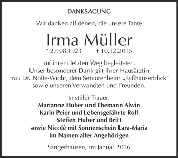 Traueranzeige von Irma Müller von Super Sonntag SGH Mansf. Land