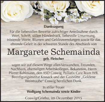 Traueranzeige von Margarete Schemainda von Mitteldeutsche Zeitung Wittenberg