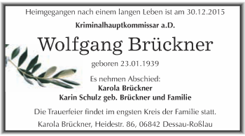 Traueranzeige von Wolfgang Brückner von WVG - Wochenspiegel Dessau / Köthen
