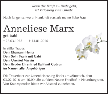 Traueranzeige von Anneliese Marx von Mitteldeutsche Zeitung Naumburg/Nebra