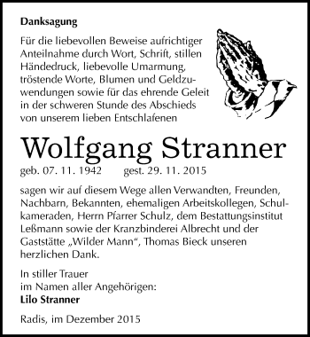Traueranzeige von Wolfgang Stranner von Mitteldeutsche Zeitung Wittenberg