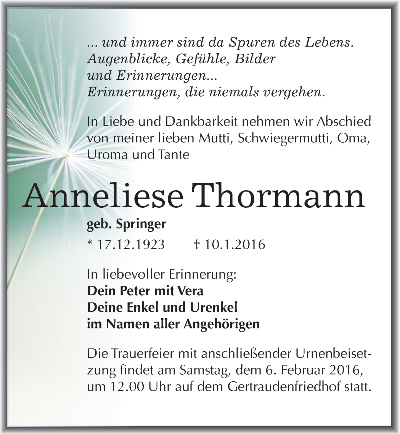  Traueranzeige für Anneliese Thormann vom 16.01.2016 aus Mitteldeutsche Zeitung Halle/Saalkreis