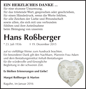 Traueranzeige von Hans Roßberger von Mitteldeutsche Zeitung Bitterfeld