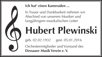 Traueranzeige von Hubert Plewinski von WVG - Wochenspiegel Dessau / Köthen