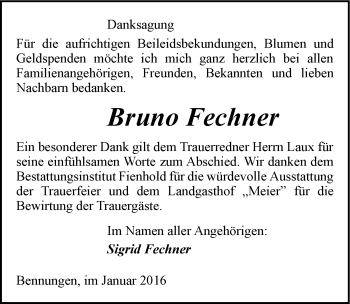 Traueranzeige von Bruno Fechner von Mitteldeutsche Zeitung Sangerhausen