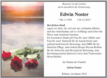 Traueranzeige von Edwin Noster von WVG - Wochenspiegel Dessau / Köthen