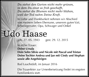Traueranzeige von Udo Haase von Mitteldeutsche Zeitung Merseburg/Querfurt
