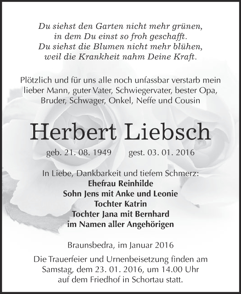  Traueranzeige für Herbert Liebsch vom 13.01.2016 aus WVG - Wochenspiegel Merseburg