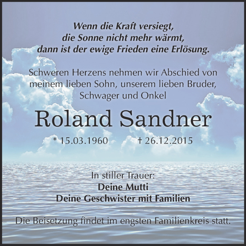  Traueranzeige für Roland Sandner vom 02.01.2016 aus WVG - Wochenspiegel Dessau / Köthen