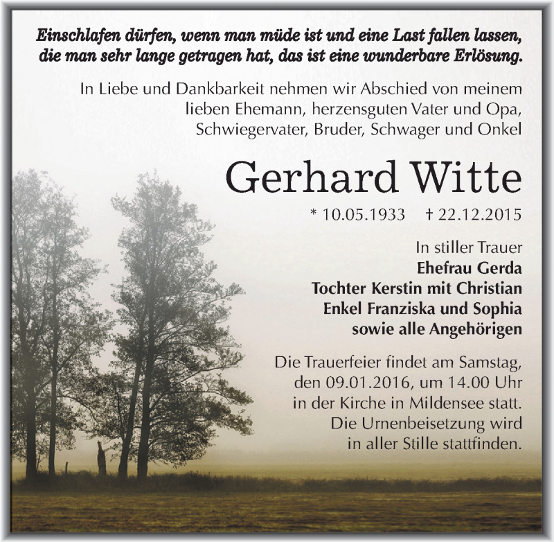  Traueranzeige für Gerhard Witte vom 02.01.2016 aus Mitteldeutsche Zeitung Dessau-Roßlau
