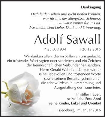 Traueranzeige von Adolf Sawal von Super Sonntag SGH Mansf. Land