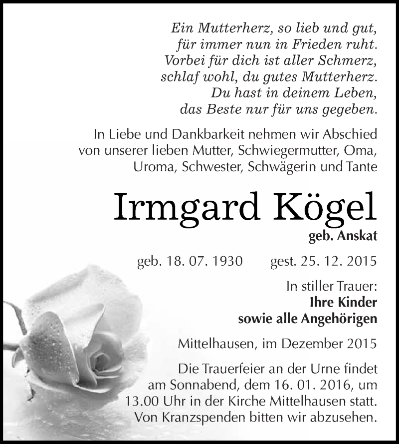  Traueranzeige für Irmgard Kögel vom 09.01.2016 aus Super Sonntag SGH Mansf. Land