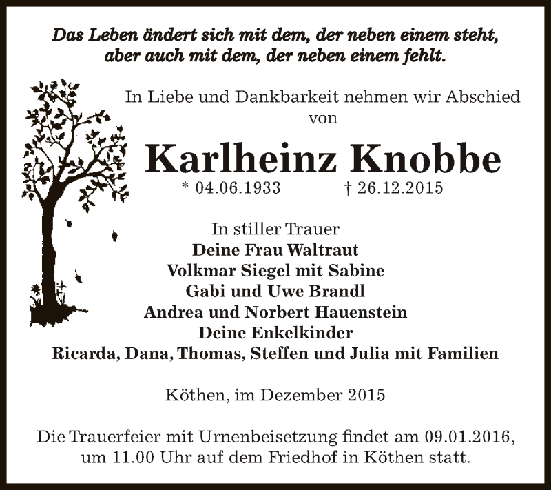  Traueranzeige für Karlheinz Knobbe vom 02.01.2016 aus WVG - Wochenspiegel Dessau / Köthen