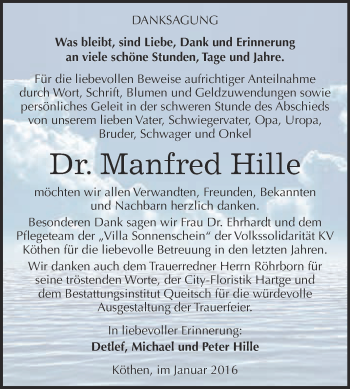 Traueranzeige von Manfred Hille von WVG - Wochenspiegel Dessau / Köthen