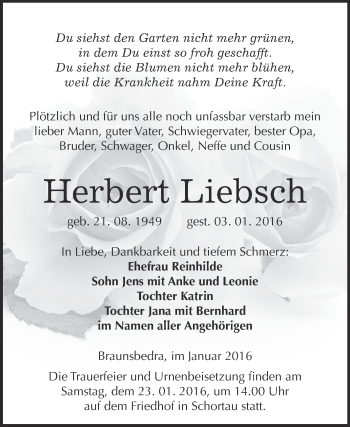 Traueranzeige von Herbert Liebsch von WVG - Wochenspiegel Merseburg