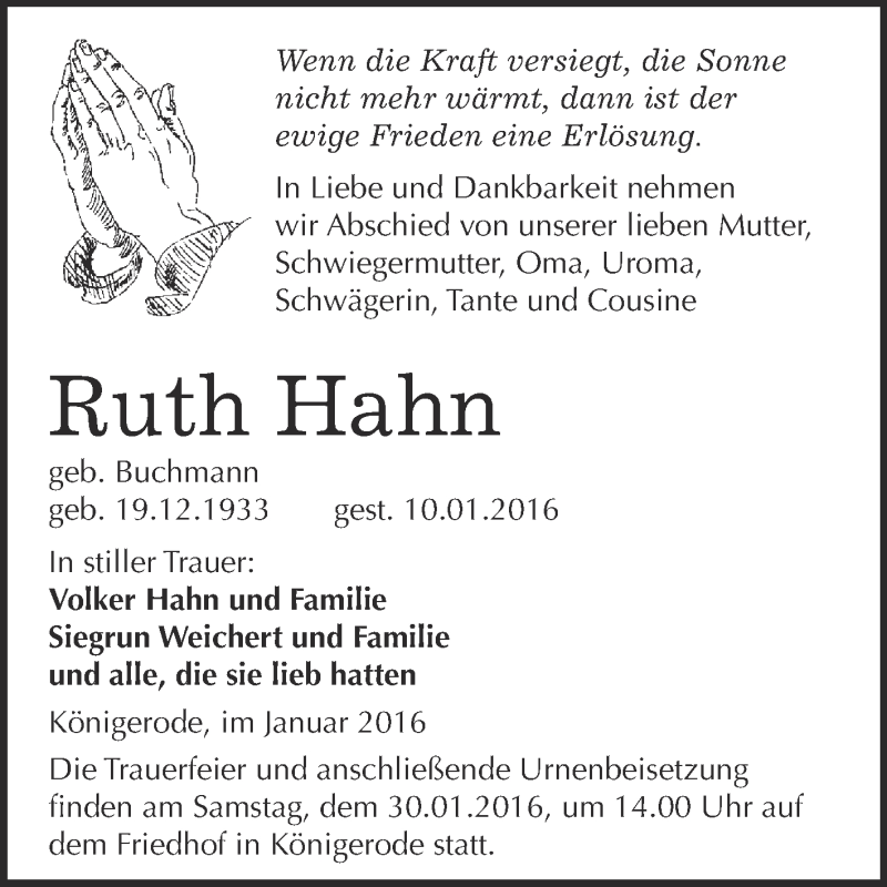  Traueranzeige für Ruth Hahn vom 16.01.2016 aus Super Sonntag Quedlinburg