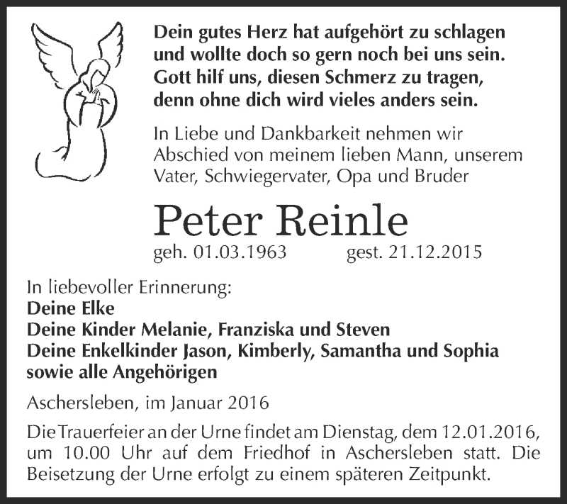  Traueranzeige für Peter Reinle vom 02.01.2016 aus Super Sonntag Aschersleben