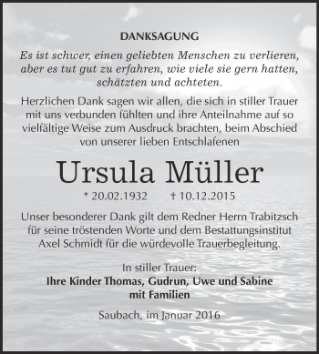 Traueranzeige von Ursula Müller von WVG - Wochenspiegel NMB / WSF / ZTZ