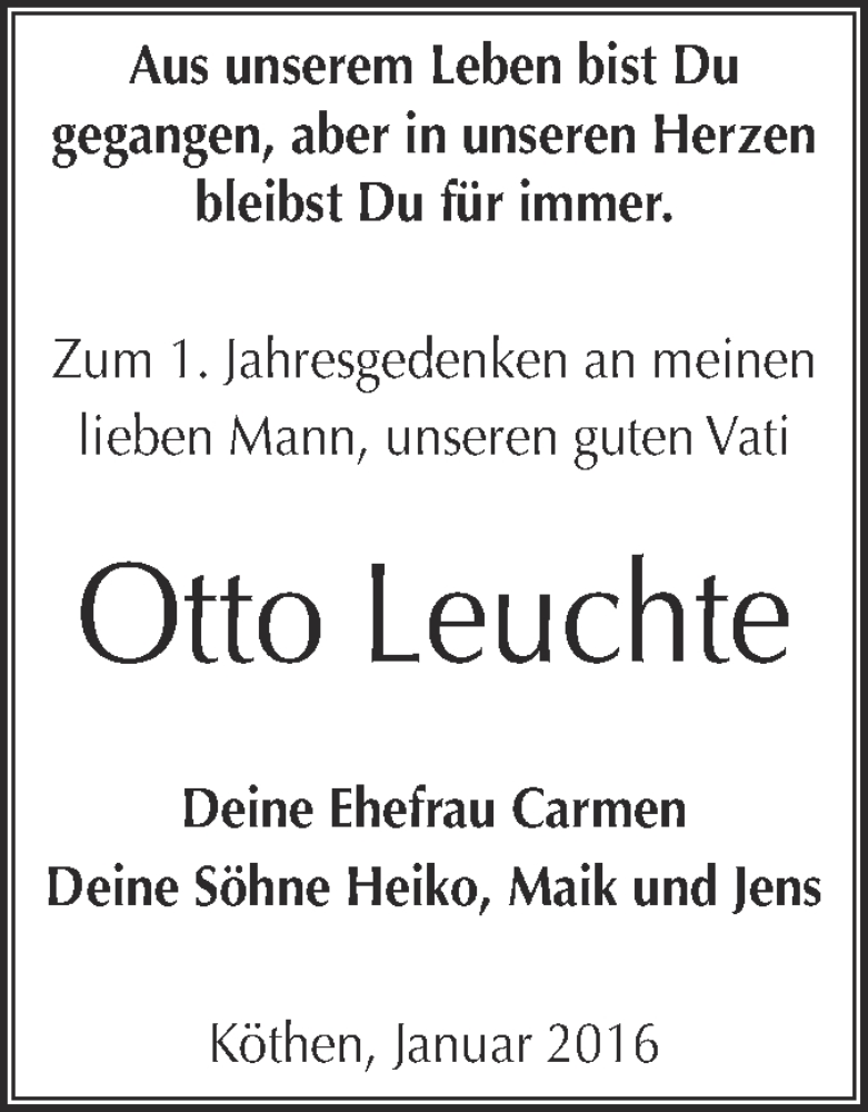  Traueranzeige für Otto Leuchte vom 16.01.2016 aus WVG - Wochenspiegel Dessau / Köthen