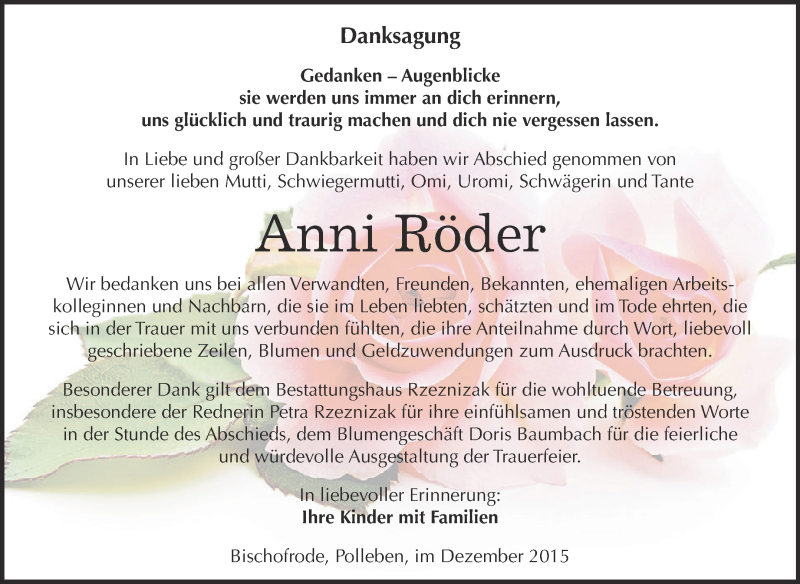  Traueranzeige für Anni Röder vom 02.01.2016 aus Super Sonntag SGH Mansf. Land