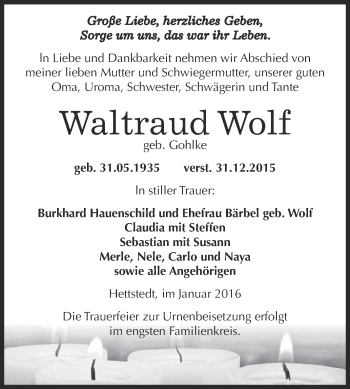Traueranzeige von Waltraud Wolf von Wochenspiegel Mansfelder Land