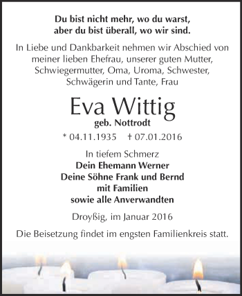 Traueranzeige von Eva Wittig von Super Sonntag Zeitz