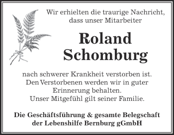 Traueranzeige von Roland Schomburg von Super Sonntag Bernburg