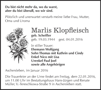 Traueranzeige von Marlis Klopfleisch von Super Sonntag Aschersleben