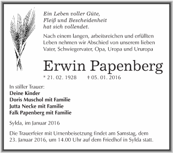 Traueranzeige von Erwin Papenberg von Wochenspiegel Mansfelder Land