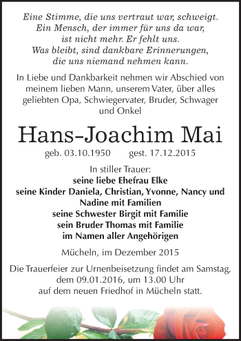 Traueranzeige von Hans-Joachim Mai von Mitteldeutsche Zeitung Merseburg/Querfurt