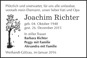 Traueranzeige von Joachim Richter von WVG - Wochenspiegel Dessau / Köthen