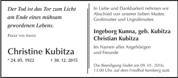 Traueranzeige von Christine Kubitza von Super Sonntag Wittenberg
