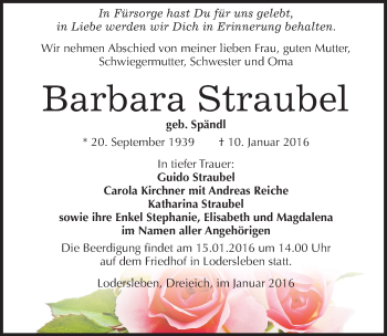 Traueranzeige von Barbara Straubel von Mitteldeutsche Zeitung Merseburg/Querfurt